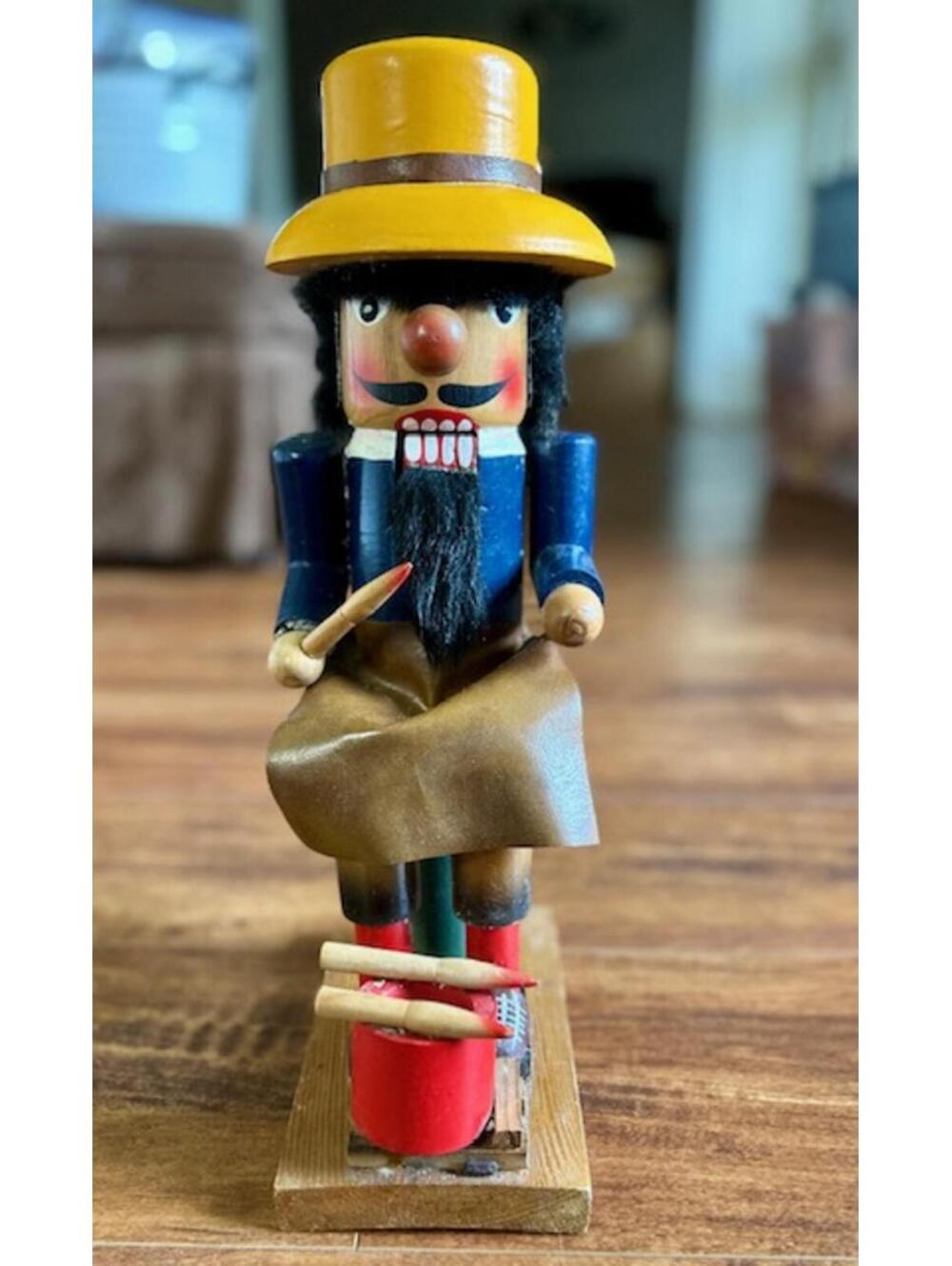 Vintage Wooden Nutcracker Figurine with Yellow Hat and Blue Jacket